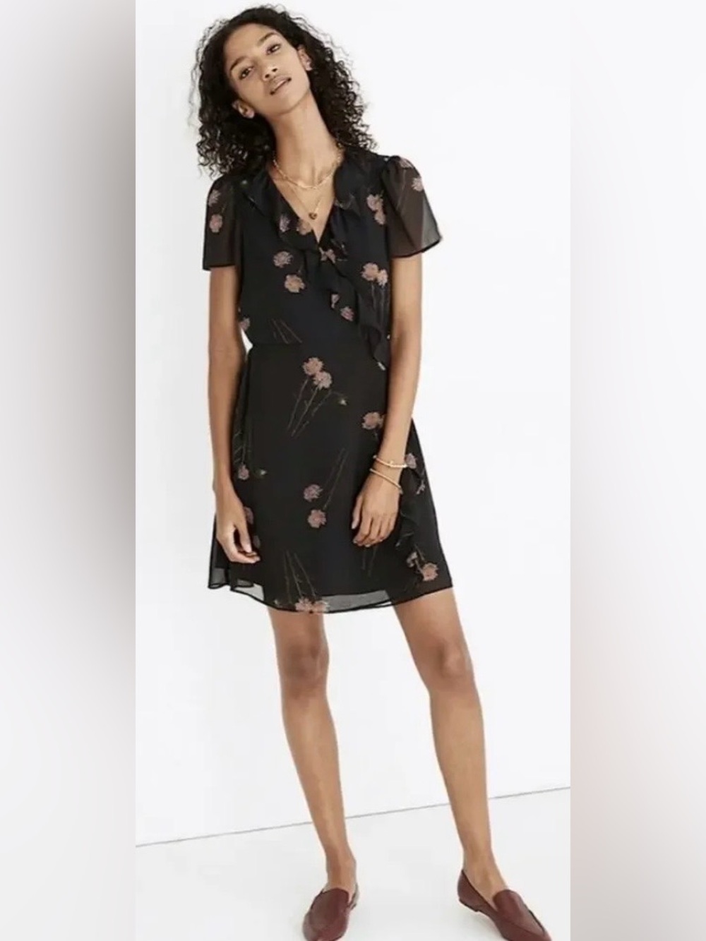 Madewell Aster portrait Georgette ruffle wrap Mini Dress black floral size XS